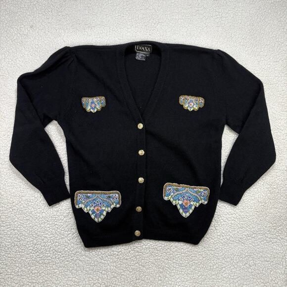 VTG Ivana Lambswool Angora Cardigan Sweater Sz L Black Beaded Gold Buttons Knit - Picture 1 of 7